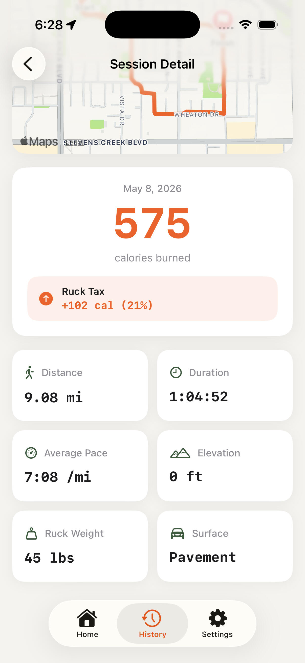 RuckHero session detail screen showing route, calories burned, Ruck Tax, distance, pace, elevation, ruck weight, and surface