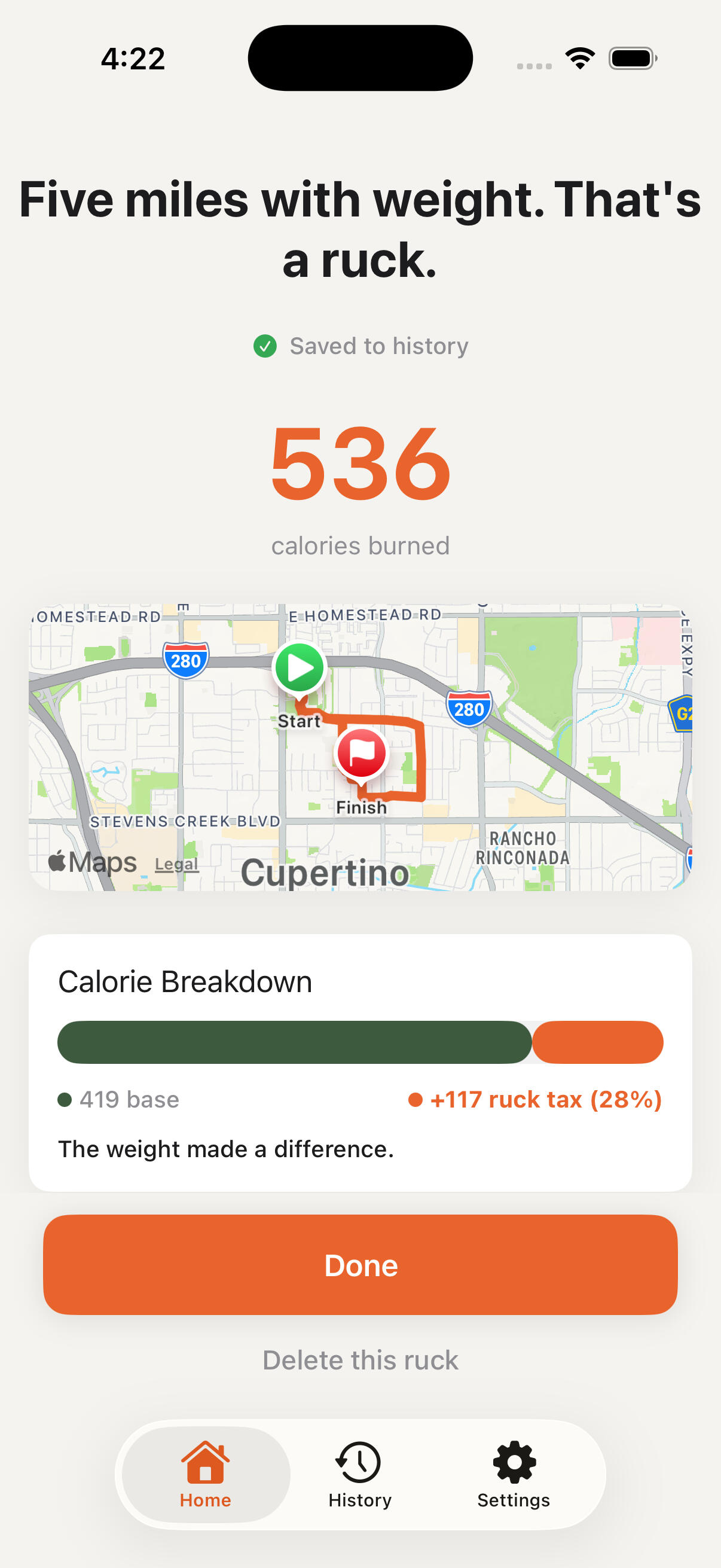 RuckHero route map screen showing a completed ruck route, calories burned, and calorie breakdown
